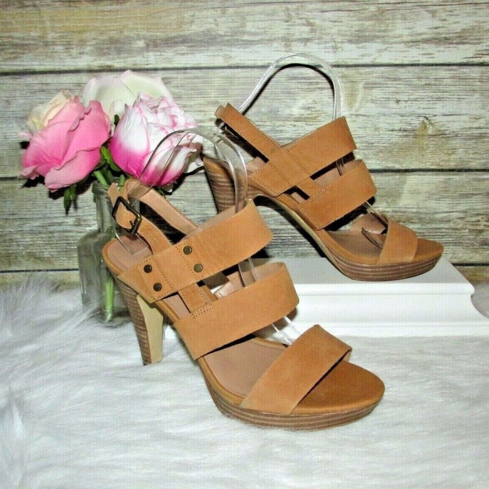 Franco Sarto Mulan Tan Brown Leather Sandal Heels